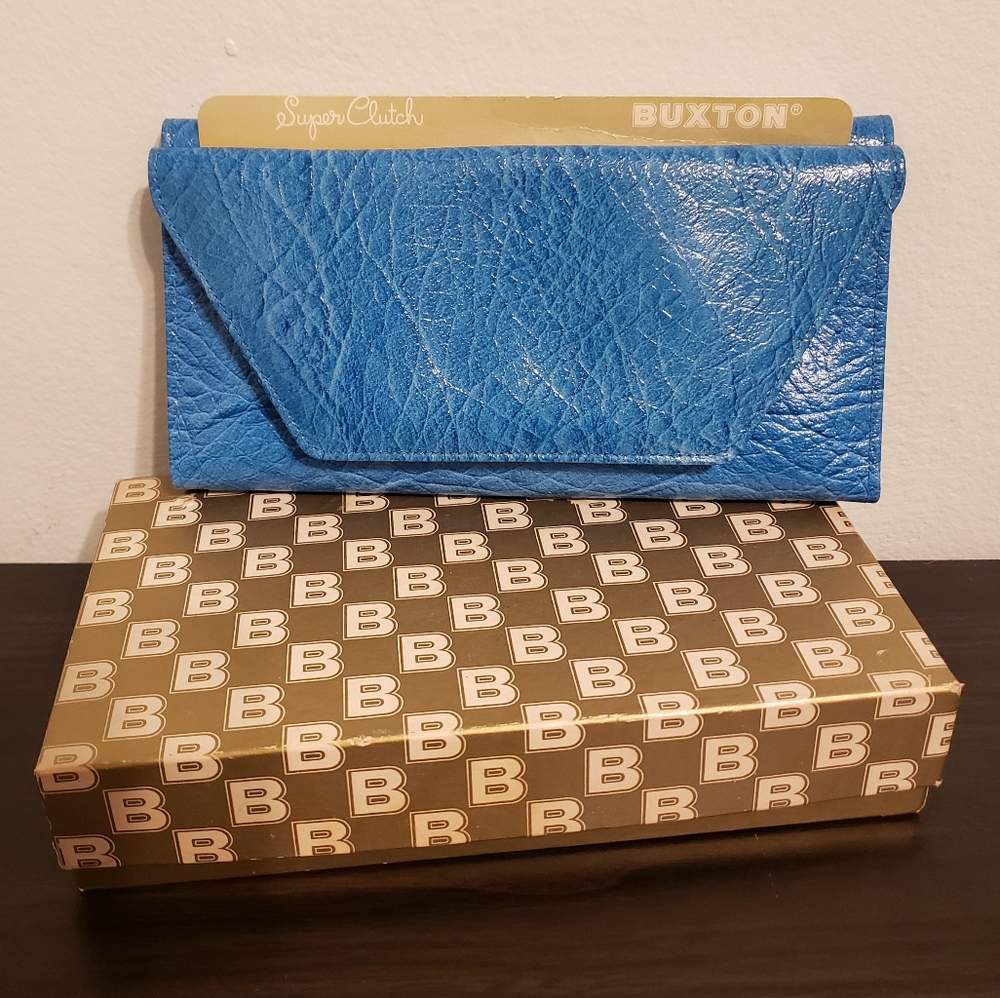 Vintage Buxton blue leather super clutch wallet